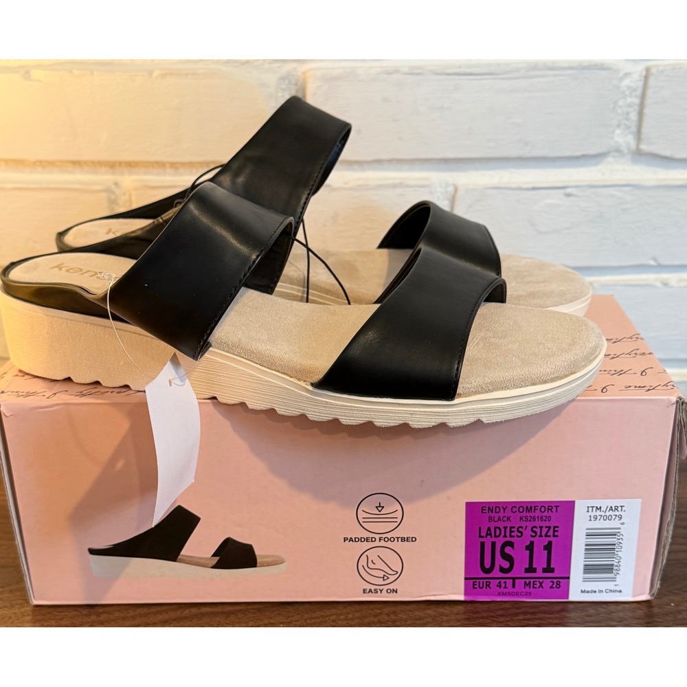 Kensie Endy Comfort Black Faux Leather Platform Slide Sandals Women •11• Comfort
